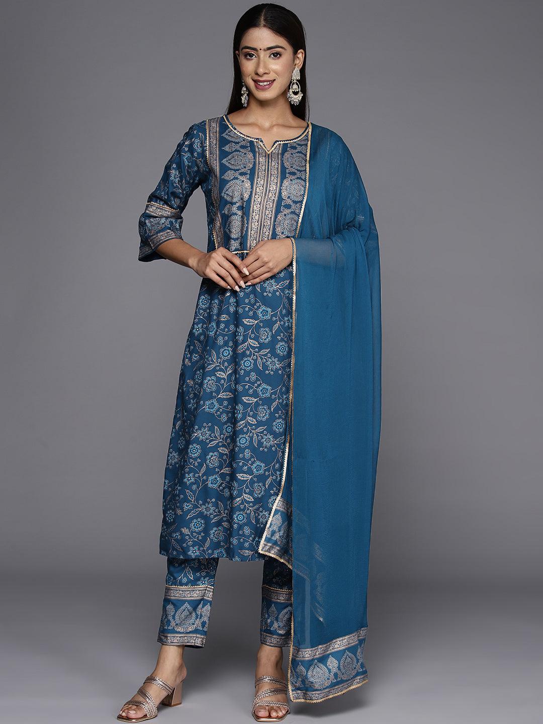 Blue Printed Rayon A-Line Kurta