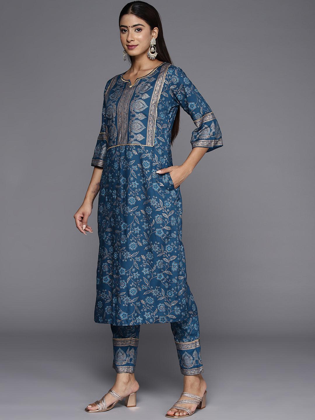 Blue Printed Rayon A-Line Kurta