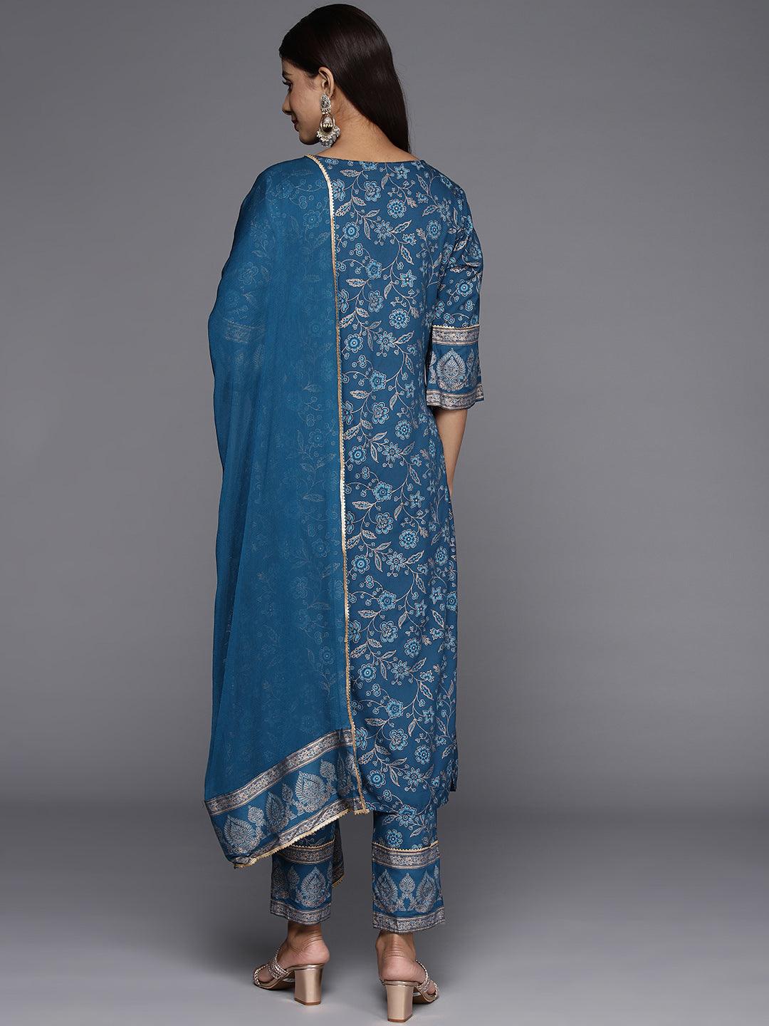 Blue Printed Rayon A-Line Kurta