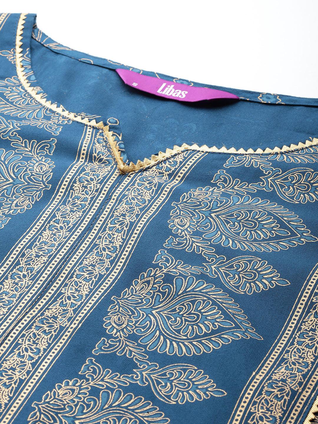 Blue Printed Rayon A-Line Kurta