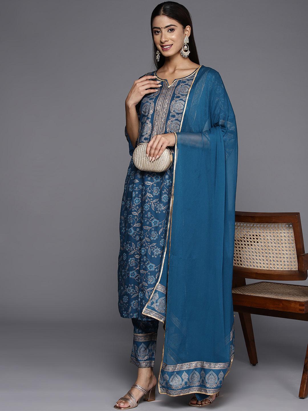 Blue Printed Rayon A-Line Kurta