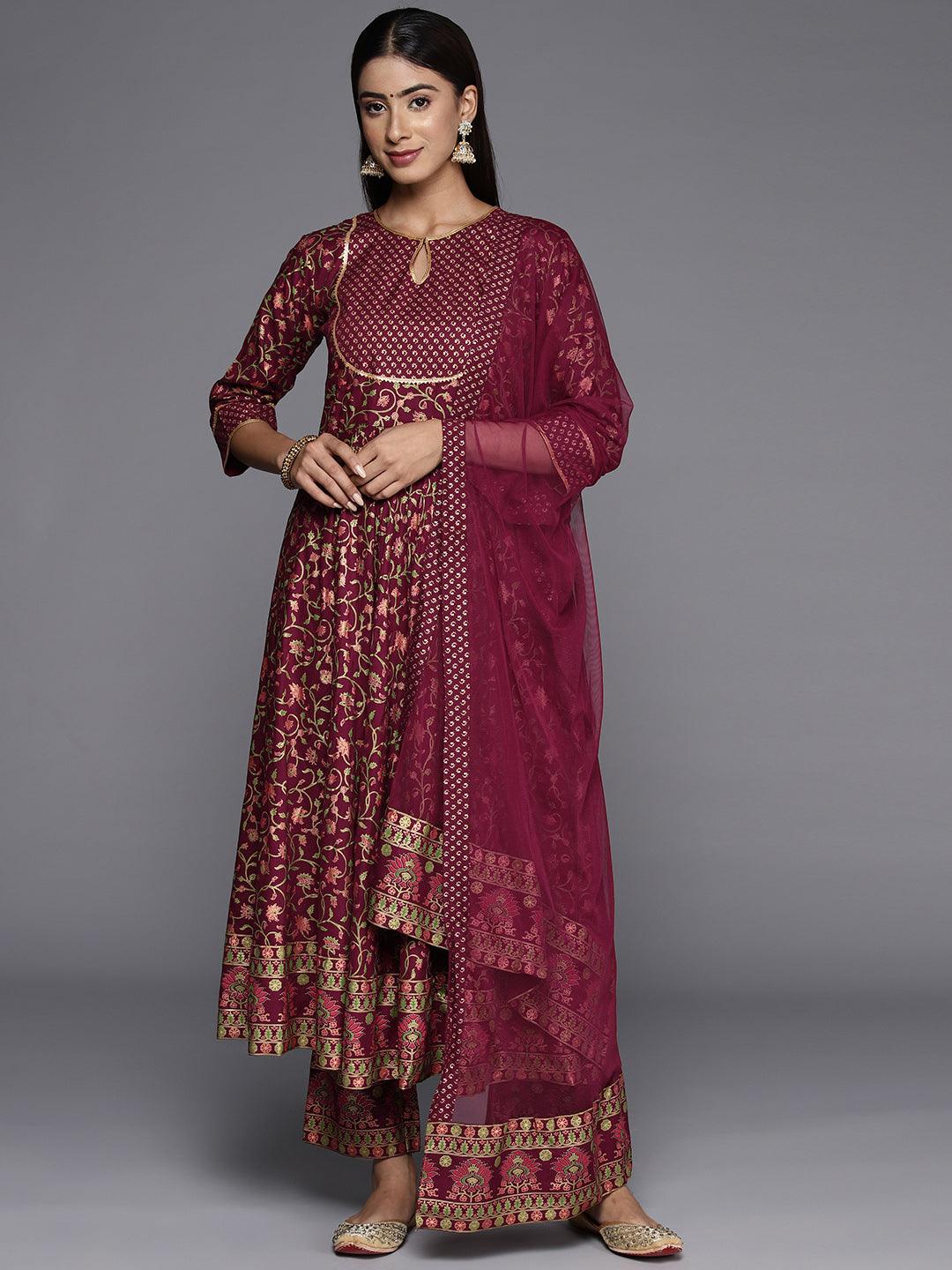 Maroon Printed Rayon Anarkali Suit With Dupatta