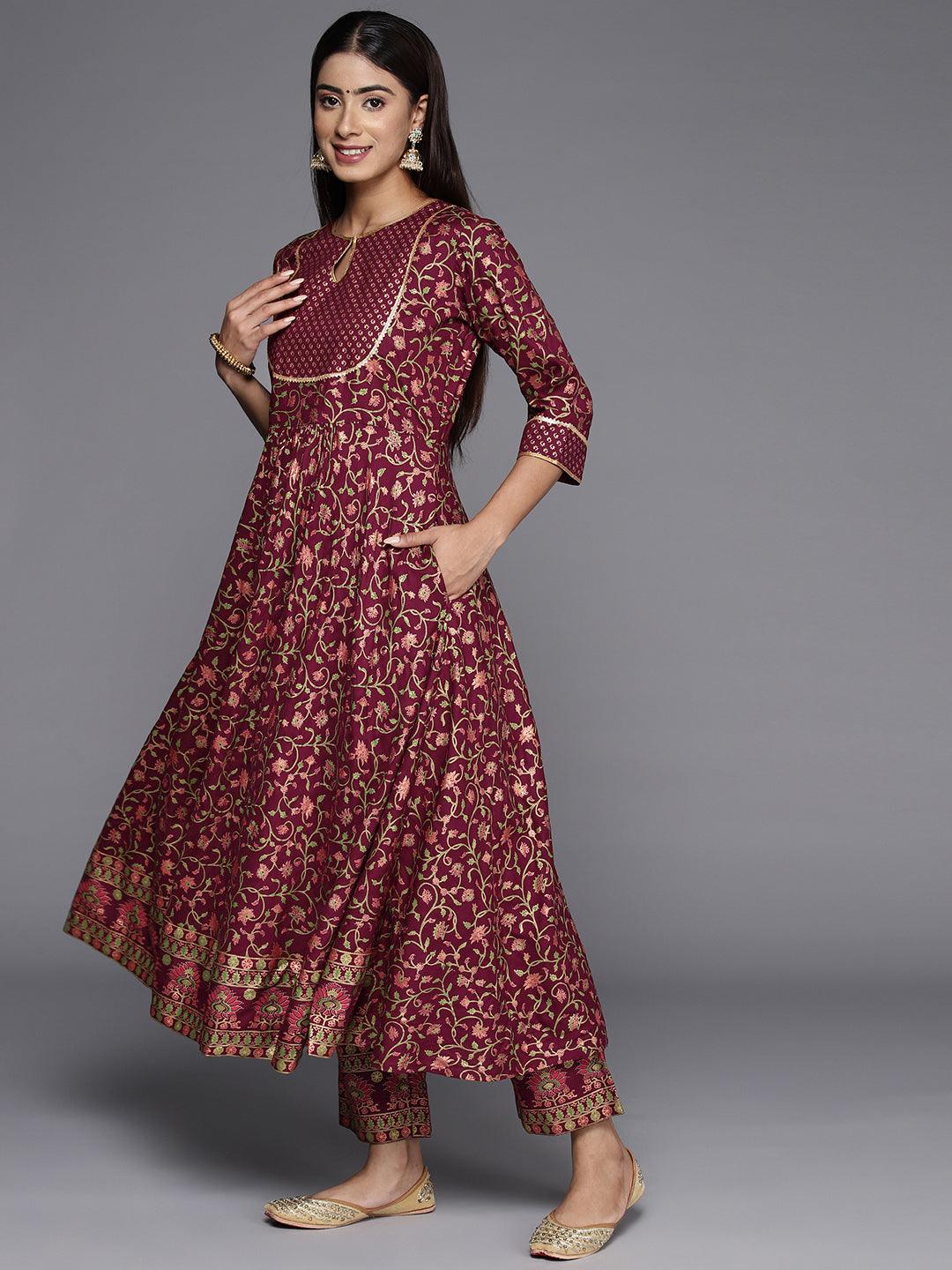 Maroon Printed Rayon Anarkali Suit With Dupatta