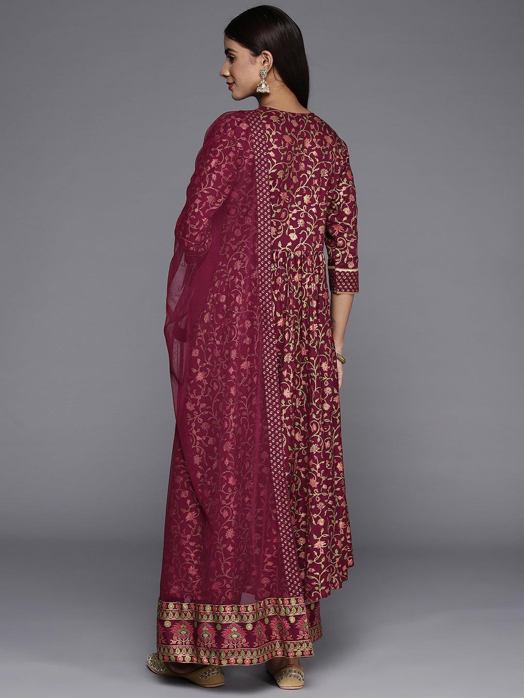 Maroon Printed Rayon Anarkali Suit With Dupatta