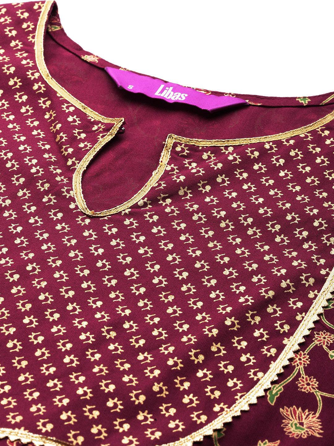 Maroon Printed Rayon Anarkali Suit With Dupatta