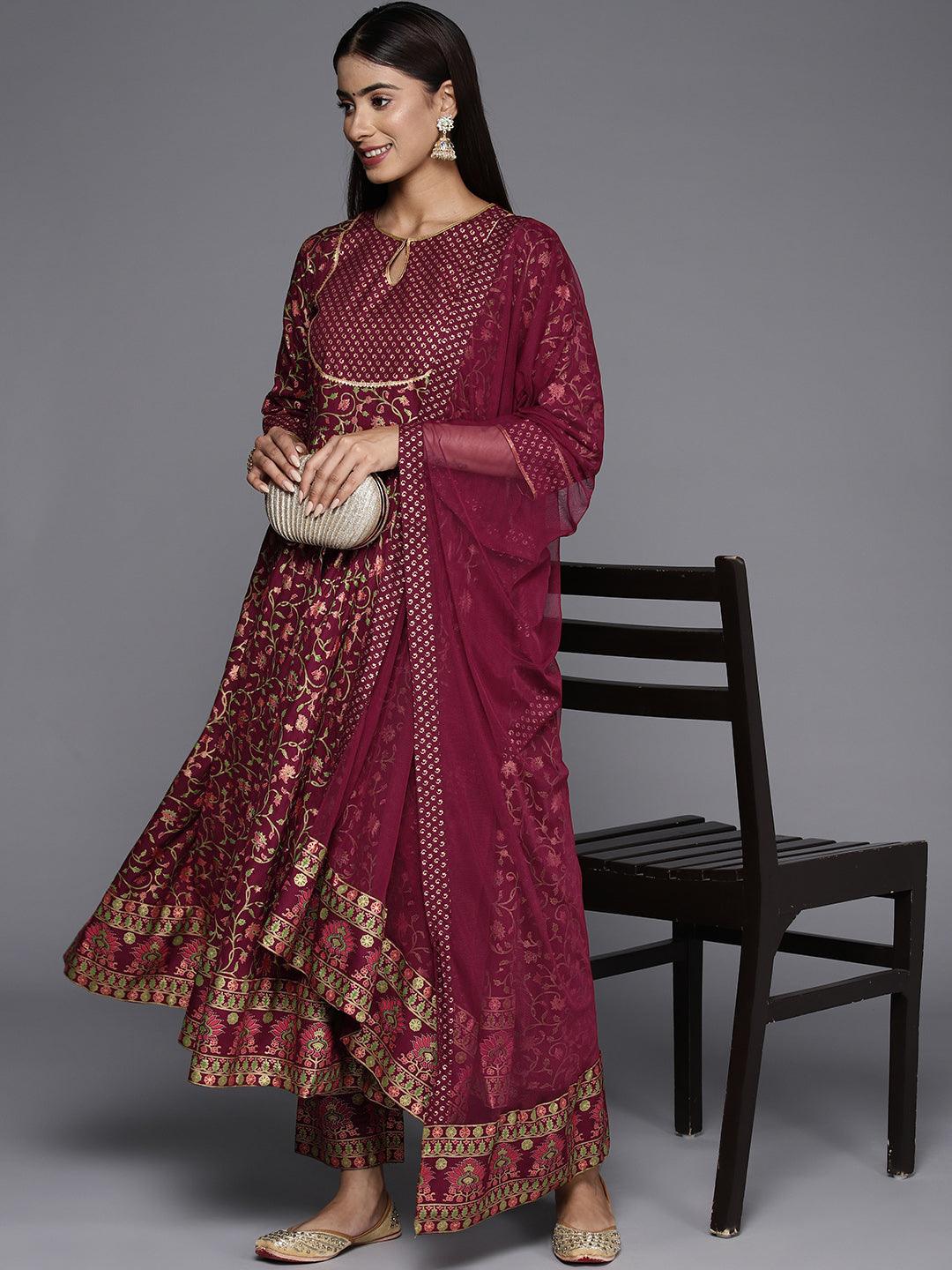 Maroon Printed Rayon Anarkali Suit With Dupatta