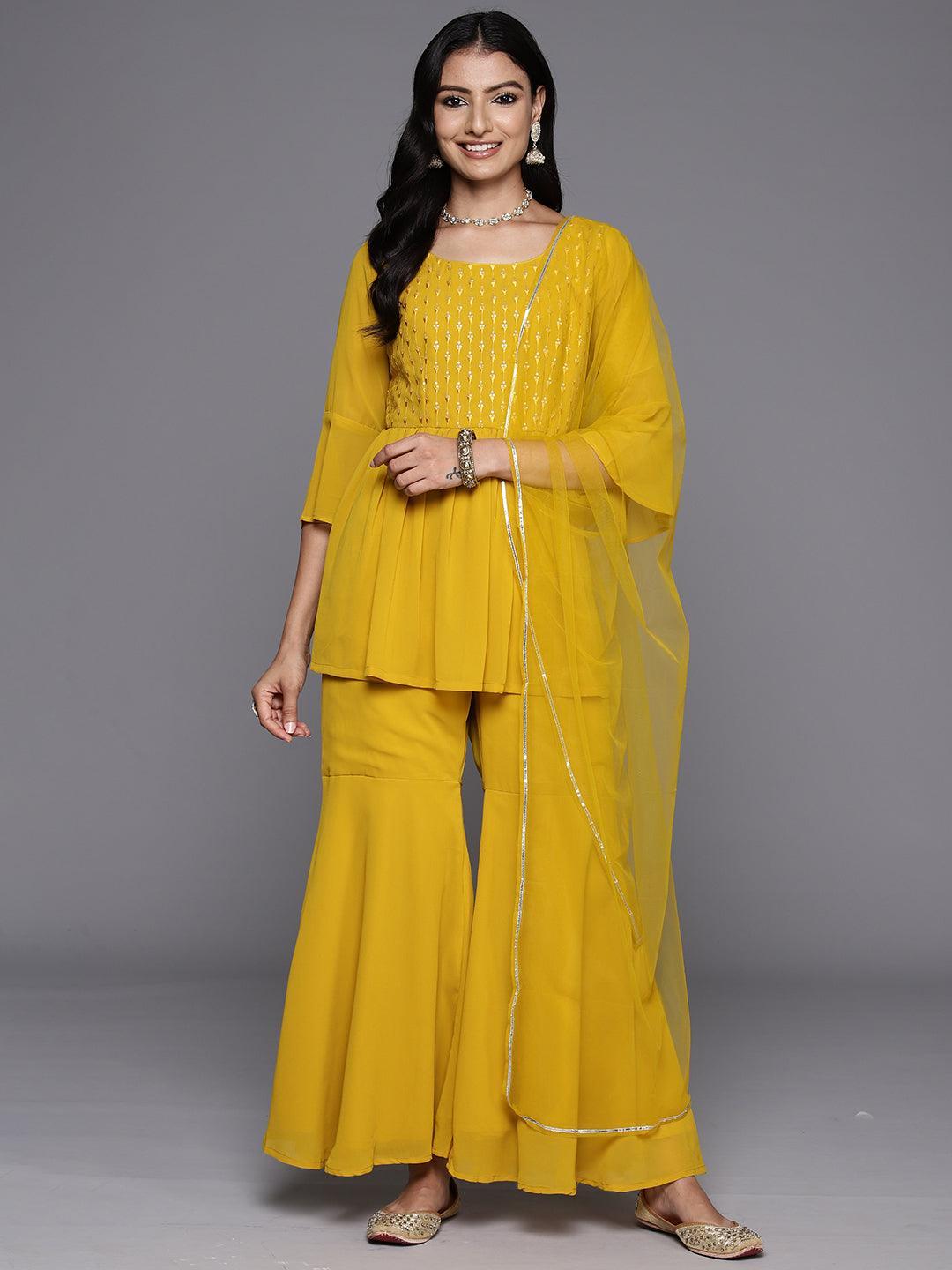 Mustard Embroidered Georgette A-Line Kurti With Sharara & Dupatta