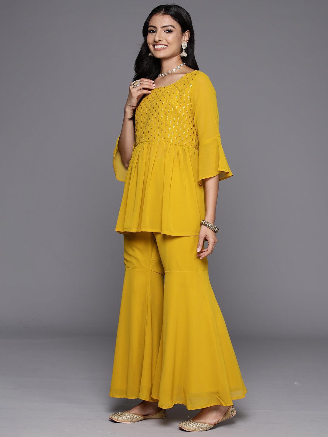 Mustard Embroidered Georgette A-Line Kurti With Sharara & Dupatta