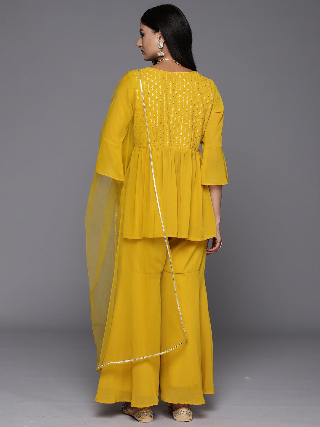 Mustard Embroidered Georgette A-Line Kurti With Sharara & Dupatta