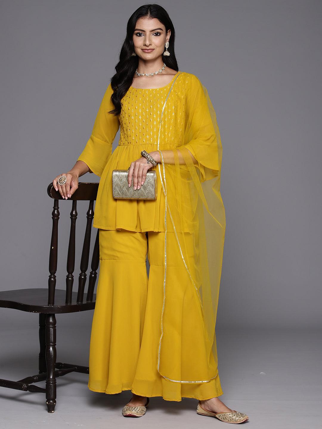 Mustard Embroidered Georgette A-Line Kurti With Sharara & Dupatta