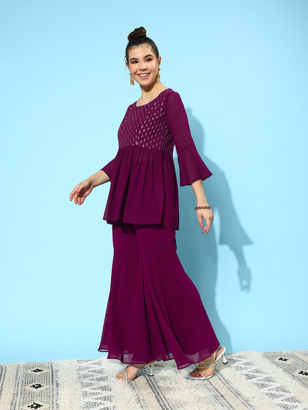 Wine Embroidered Georgette A-Line Kurti With Sharara & Dupatta