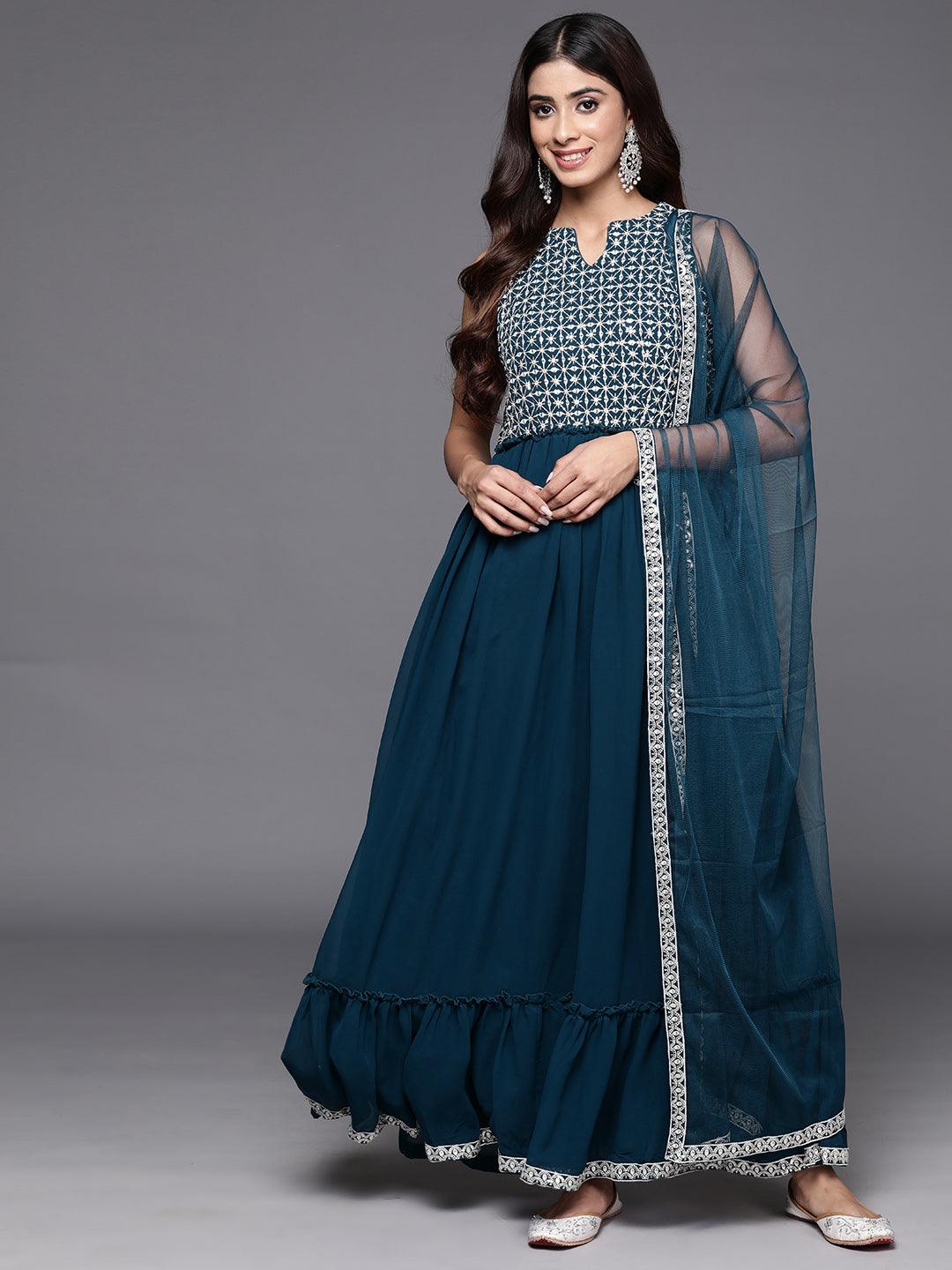 Teal Embroidered Georgette Anarkali Suit With Dupatta