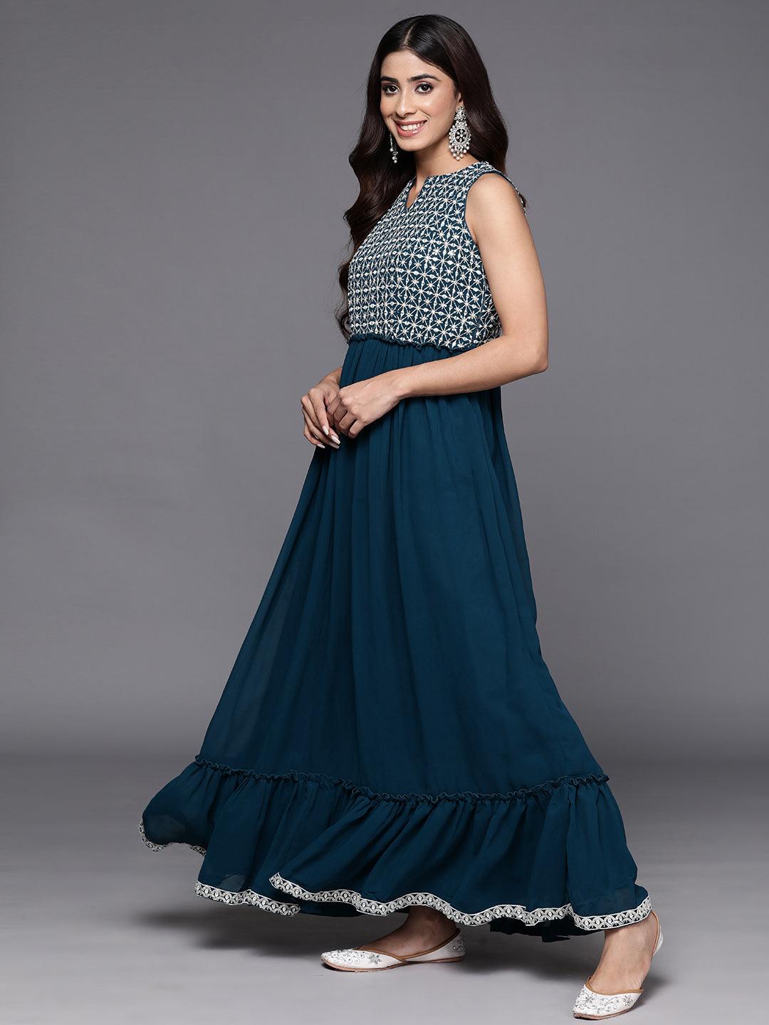 Teal Embroidered Georgette Anarkali Suit With Dupatta