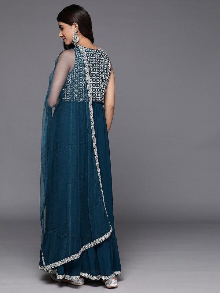 Teal Embroidered Georgette Anarkali Kurta With Trousers & Dupatta - ShopLibas