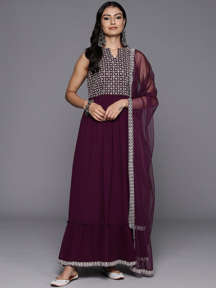 Wine Embroidered Georgette Anarkali Kurta With Trousers & Dupatta - ShopLibas