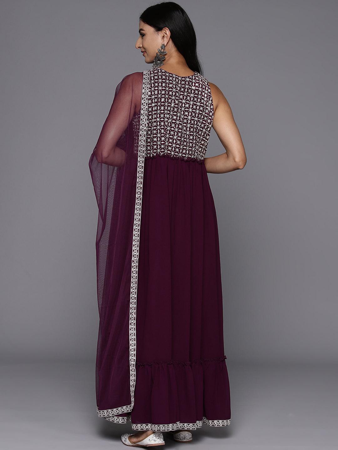 Wine Embroidered Georgette Anarkali Kurta With Trousers & Dupatta - ShopLibas