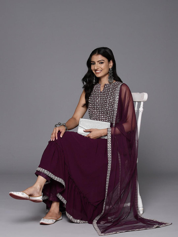 Wine Embroidered Georgette Anarkali Kurta With Trousers & Dupatta - ShopLibas