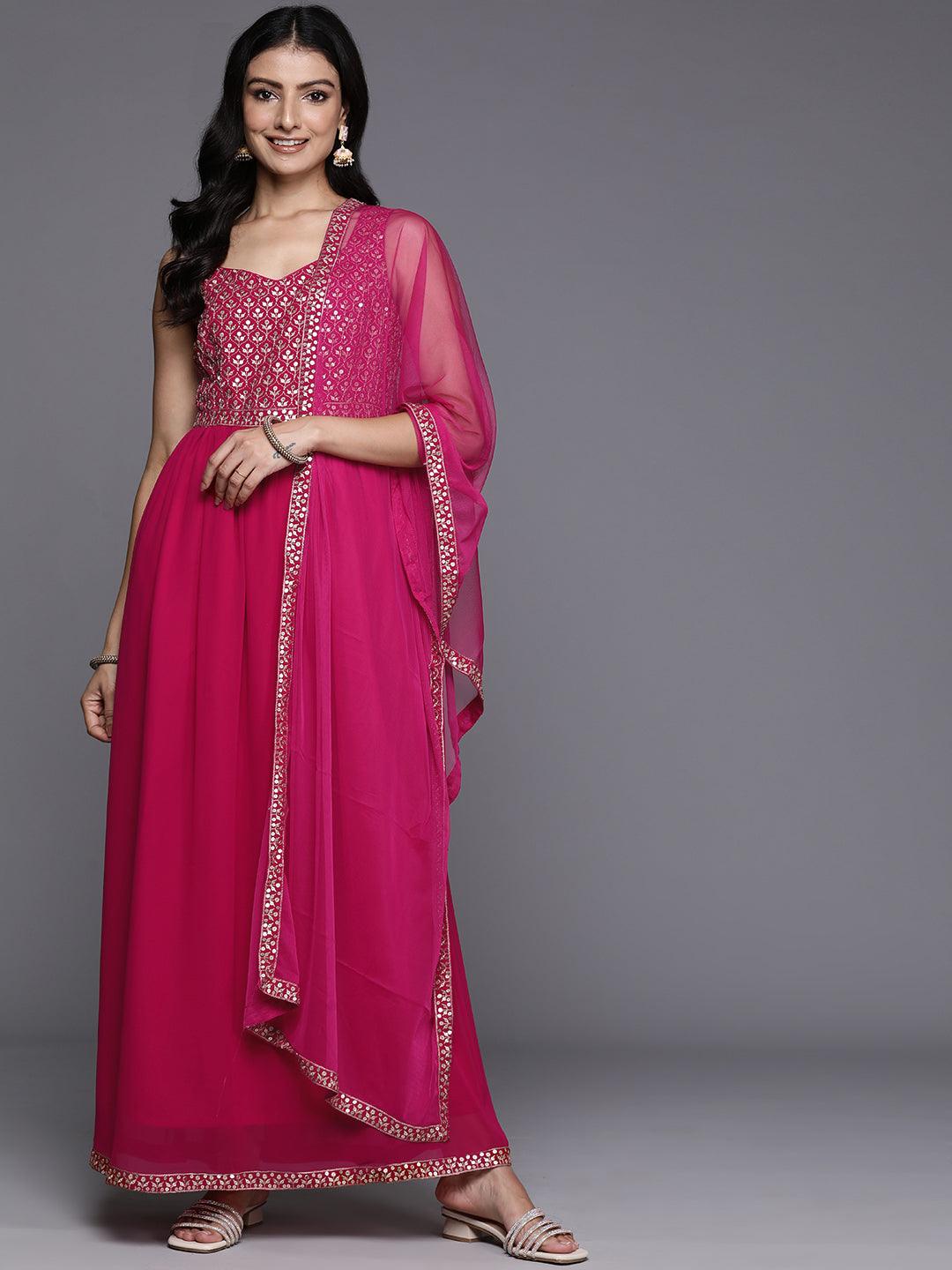 Pink Embroidered Georgette Anarkali Suit With Dupatta