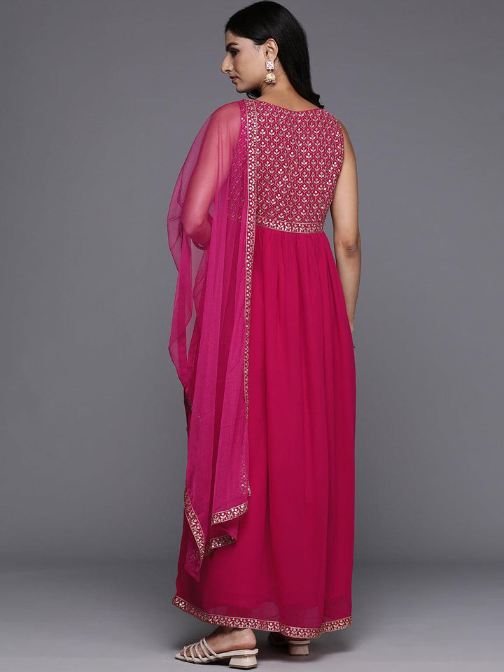 Pink Embroidered Georgette Anarkali Kurta With Trousers & Dupatta - ShopLibas