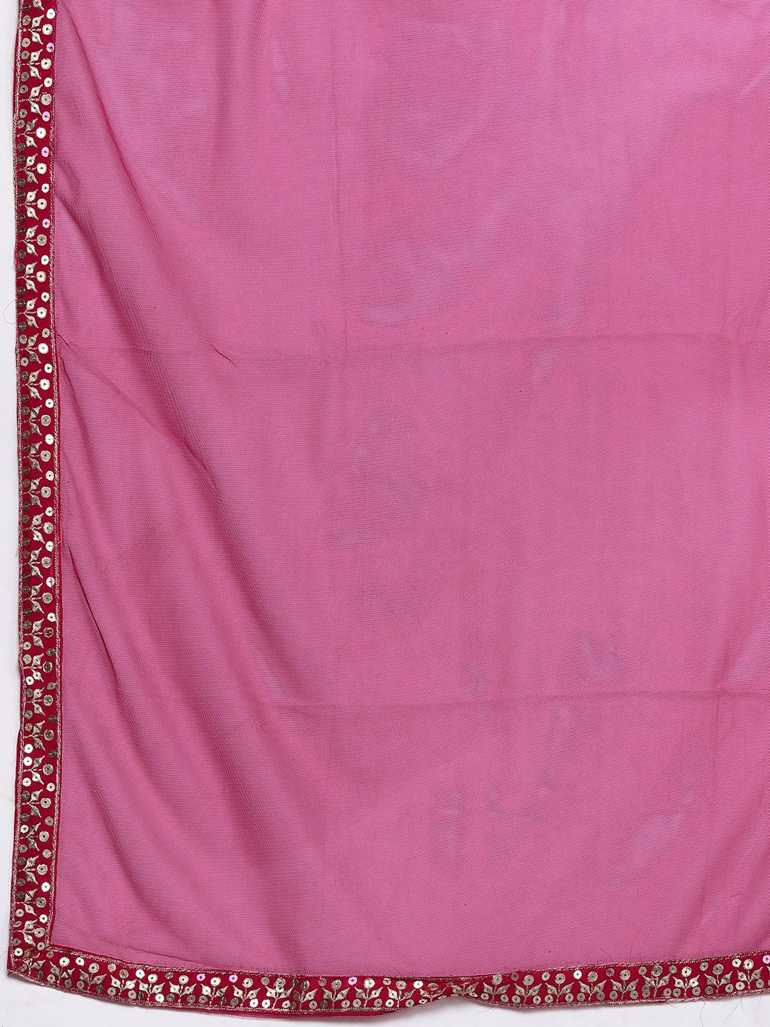 Pink Embroidered Georgette Anarkali Kurta With Trousers & Dupatta - ShopLibas