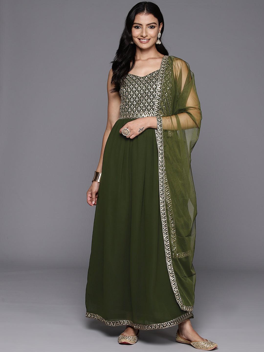 Olive Embroidered Georgette Anarkali Suit With Dupatta