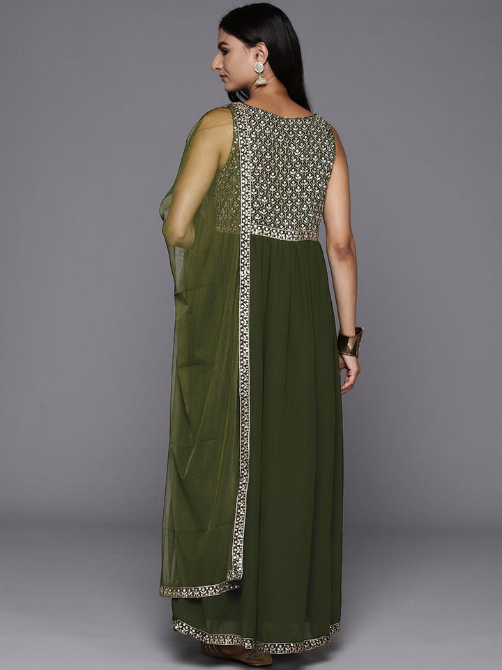 Olive Embroidered Georgette Anarkali Kurta With Trousers & Dupatta - ShopLibas