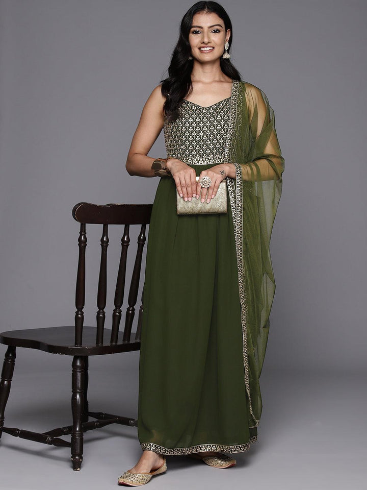 Olive Embroidered Georgette Anarkali Kurta With Trousers & Dupatta - ShopLibas