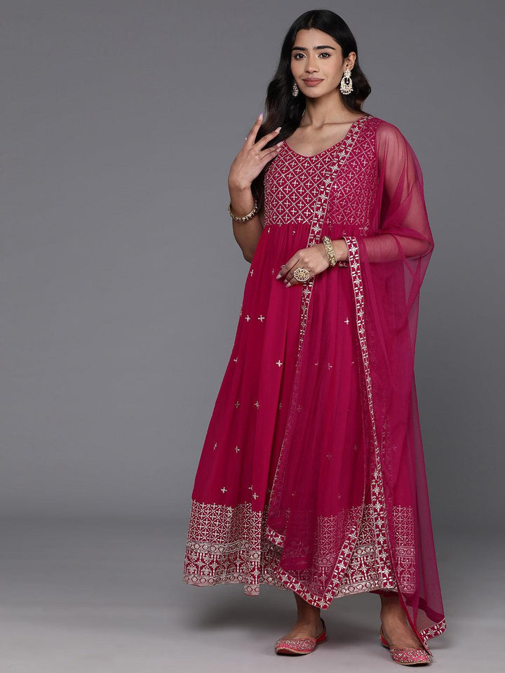 Pink Embroidered Georgette A-Line Kurta With Trousers & Dupatta - ShopLibas