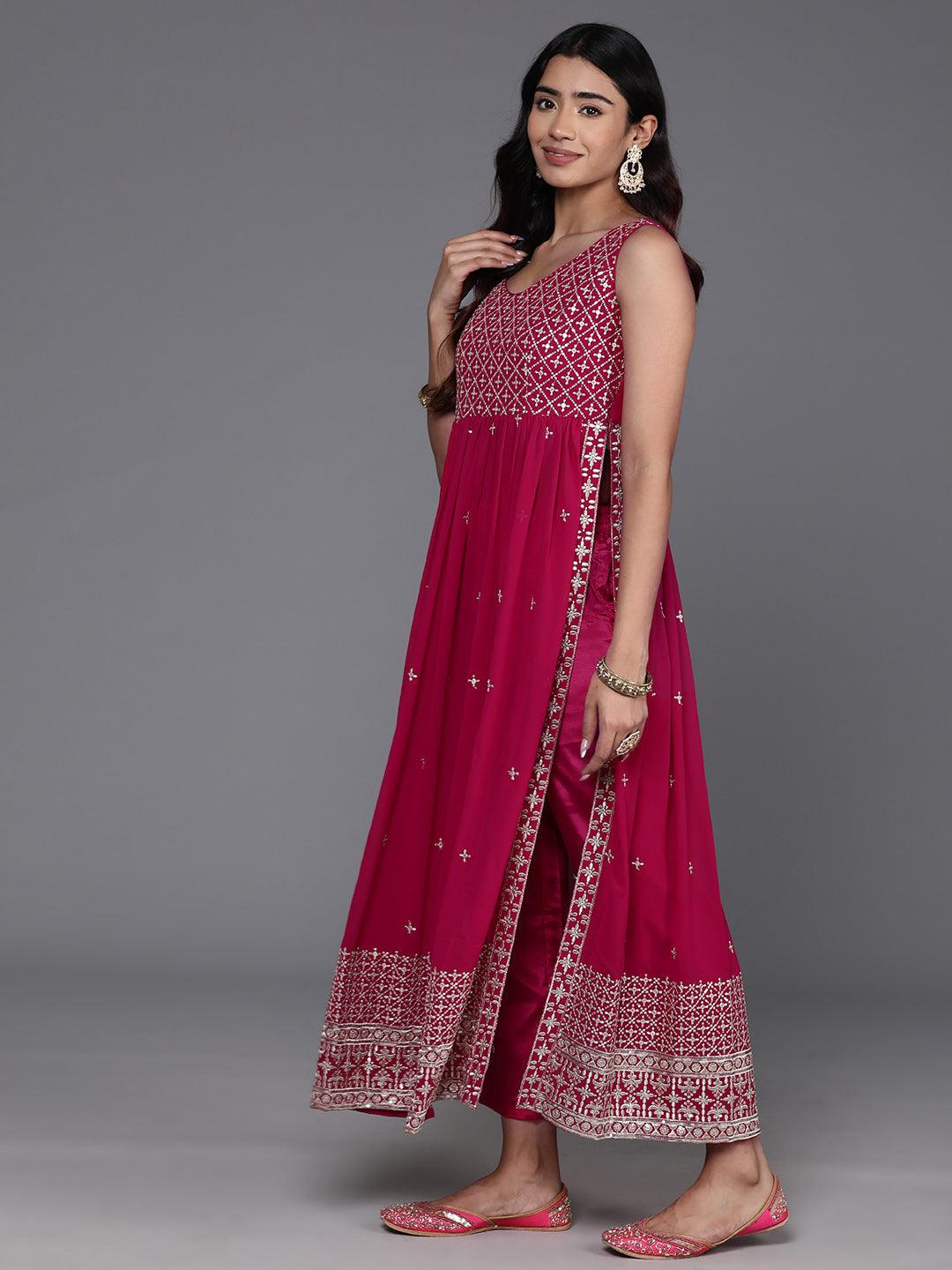 Pink Embroidered Georgette A-Line Kurta With Trousers & Dupatta - ShopLibas