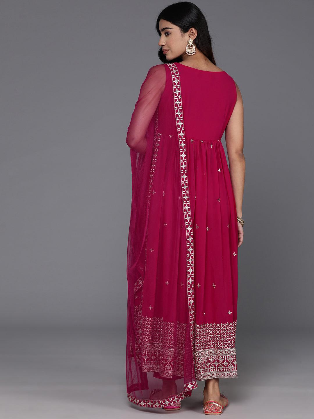 Pink Embroidered Georgette A-Line Kurta With Trousers & Dupatta