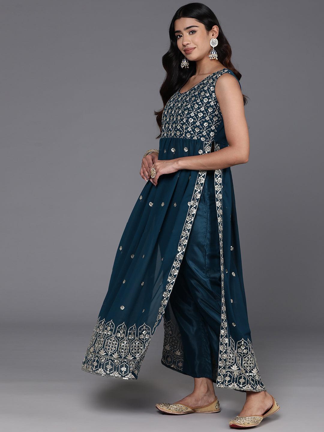 Teal Embroidered Georgette A-Line Kurta With Trousers & Dupatta