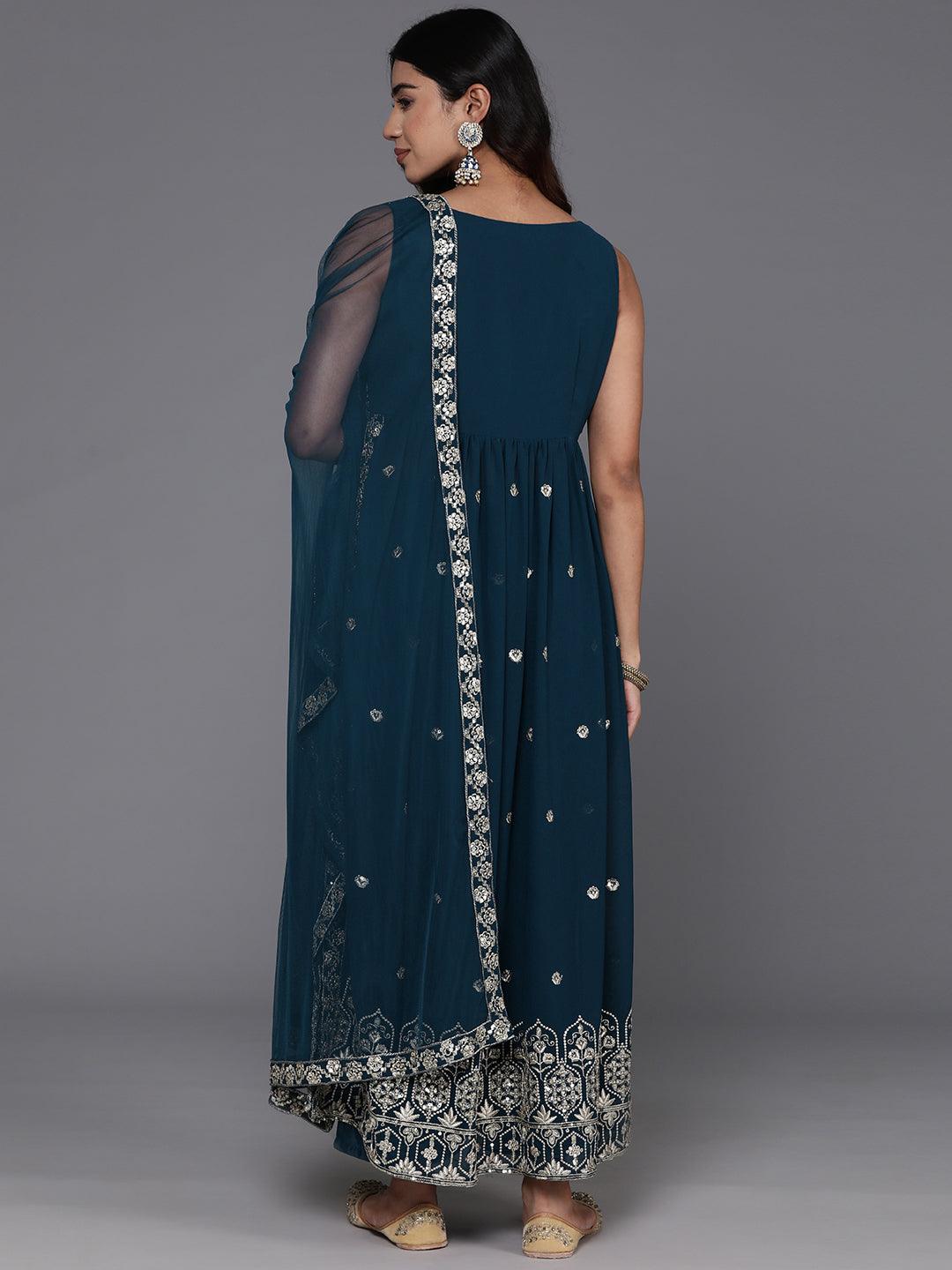 Teal Embroidered Georgette A-Line Kurta With Trousers & Dupatta