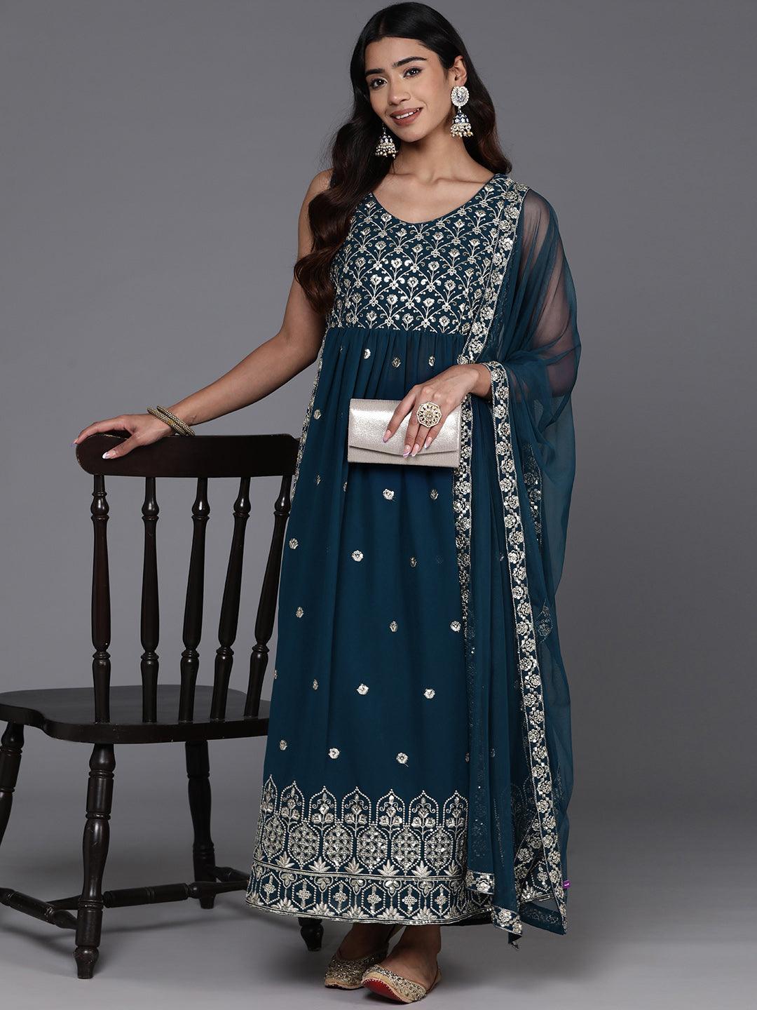 Teal Embroidered Georgette A-Line Kurta With Trousers & Dupatta - ShopLibas