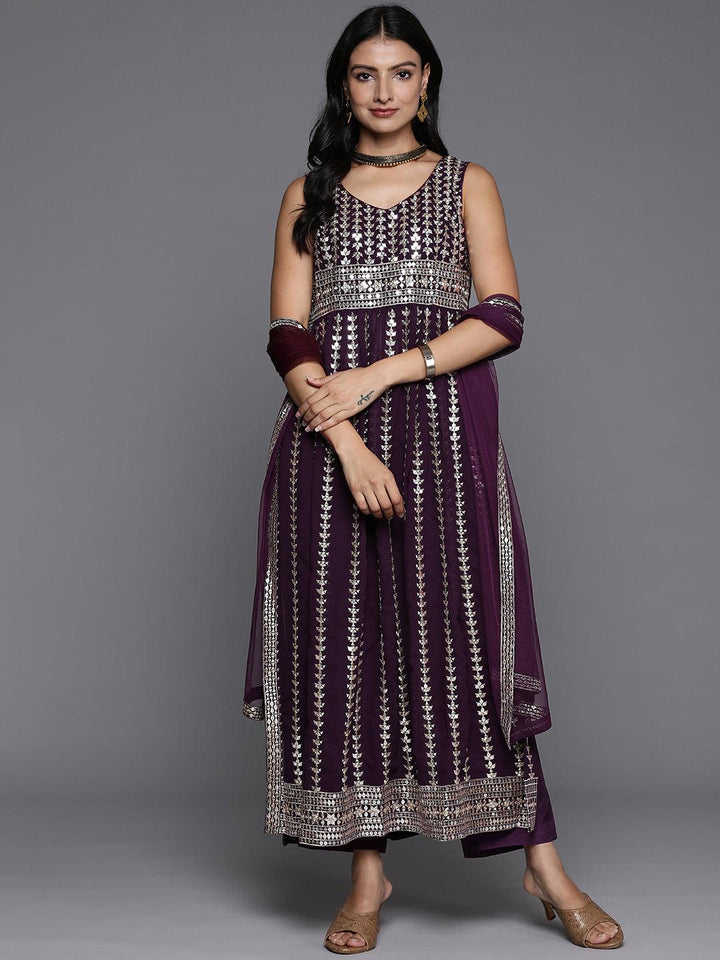 Wine Embroidered Georgette A-Line Kurta With Trousers & Dupatta - ShopLibas