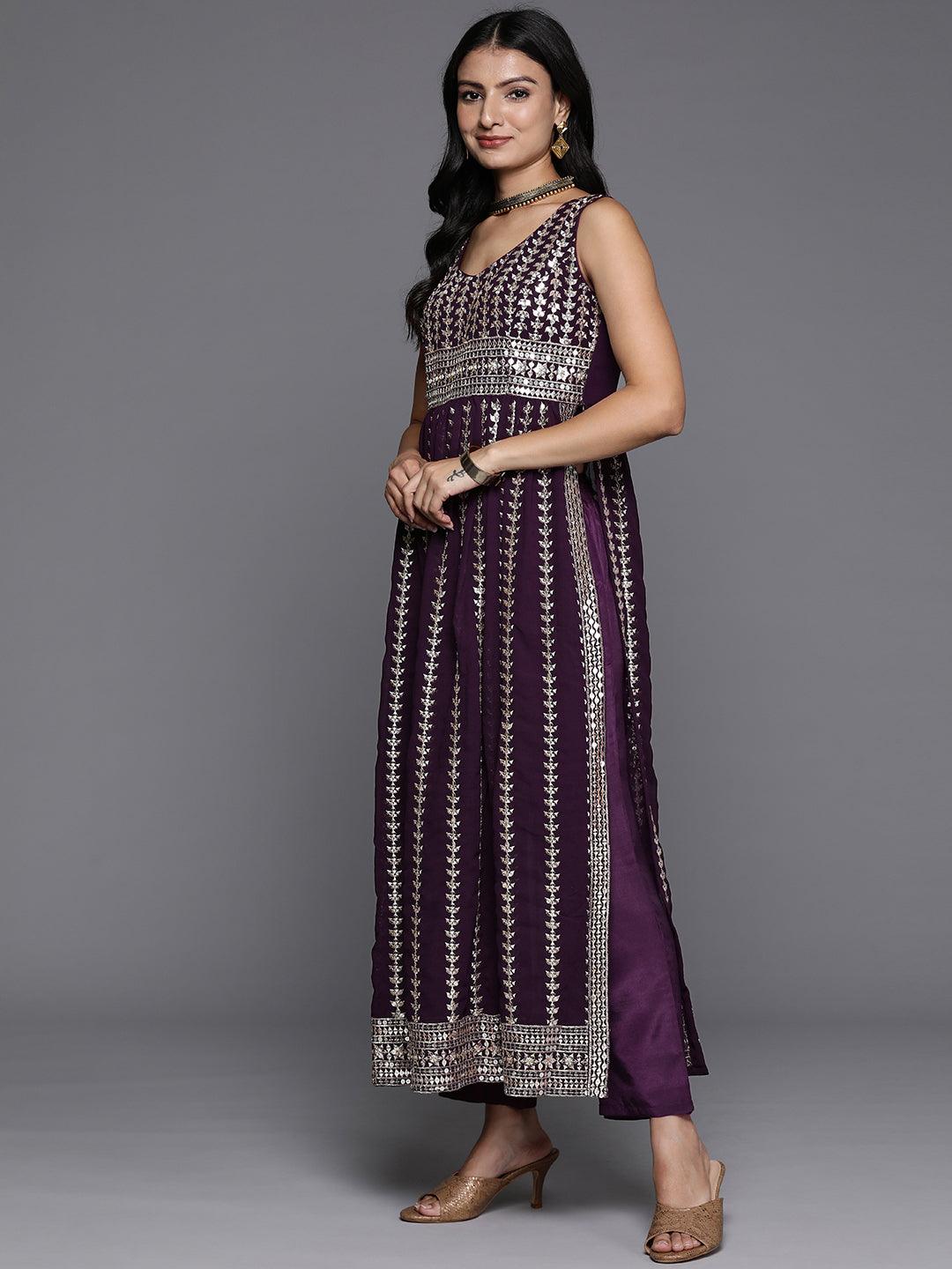 Wine Embroidered Georgette A-Line Kurta With Trousers & Dupatta