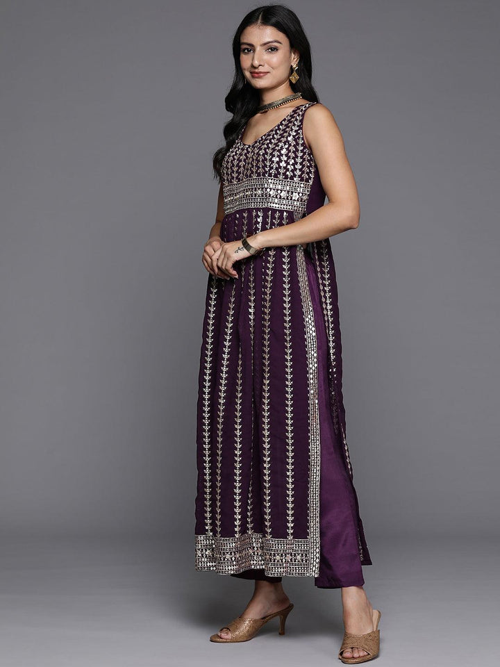 Wine Embroidered Georgette A-Line Kurta With Trousers & Dupatta - ShopLibas