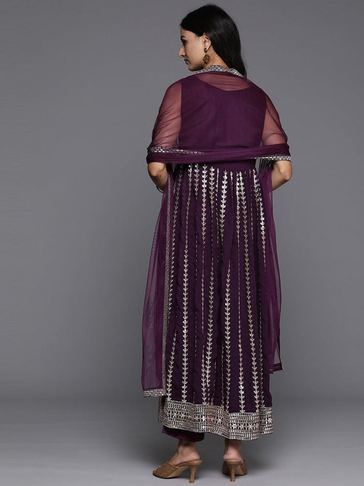 Wine Embroidered Georgette A-Line Kurta With Trousers & Dupatta - ShopLibas