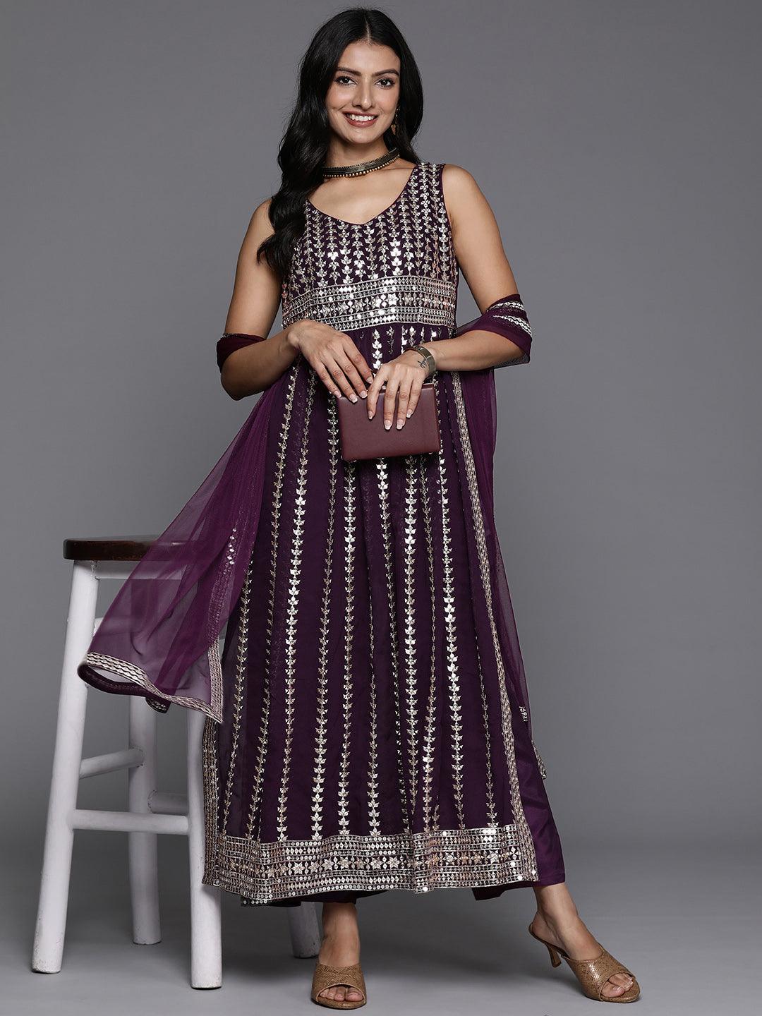 Wine Embroidered Georgette A-Line Kurta With Trousers & Dupatta