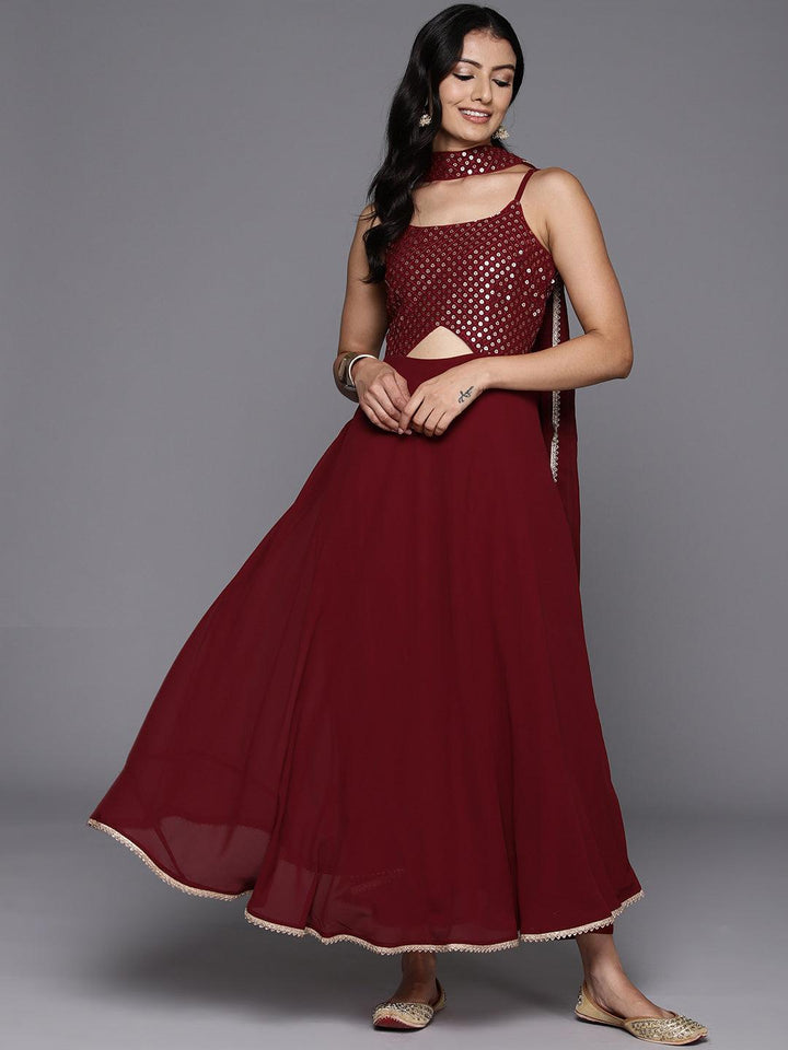 Maroon Embroidered Georgette A-Line Kurta With Trousers & Dupatta - ShopLibas