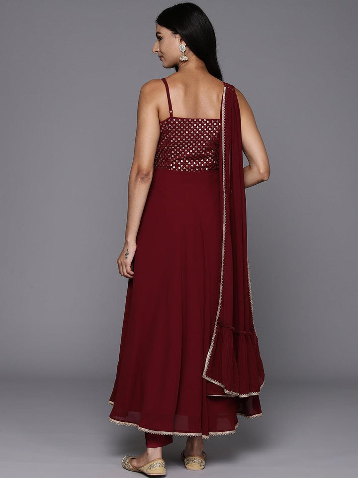 Maroon Embroidered Georgette A-Line Kurta With Trousers & Dupatta - ShopLibas