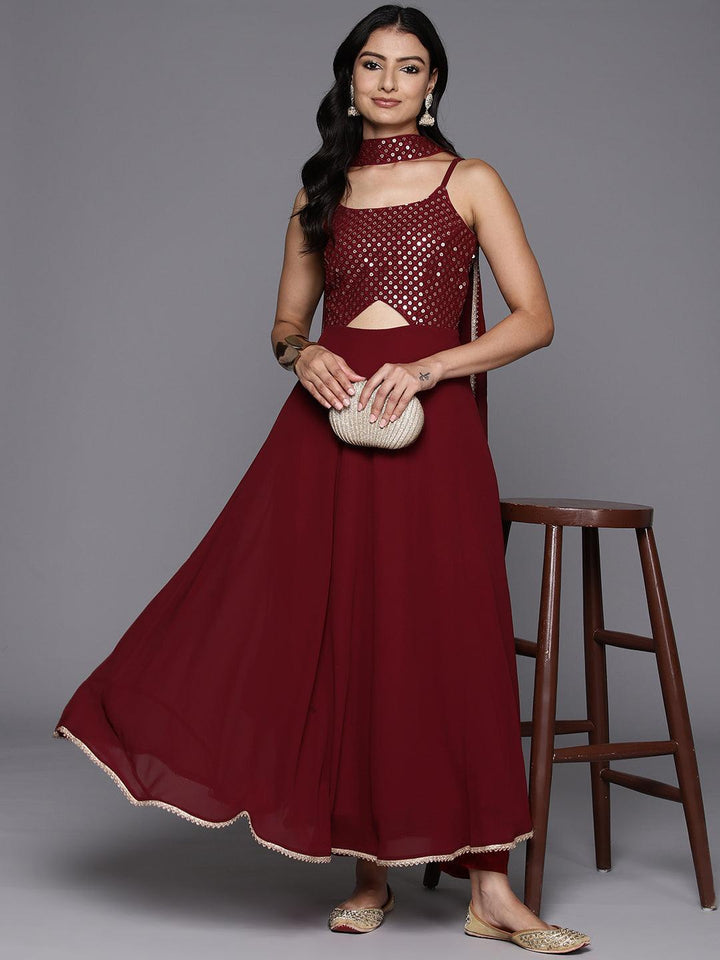 Maroon Embroidered Georgette A-Line Kurta With Trousers & Dupatta - ShopLibas