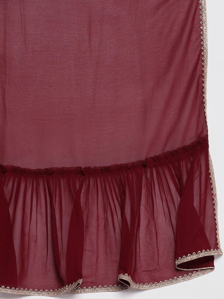 Maroon Embroidered Georgette A-Line Kurta With Trousers & Dupatta - ShopLibas