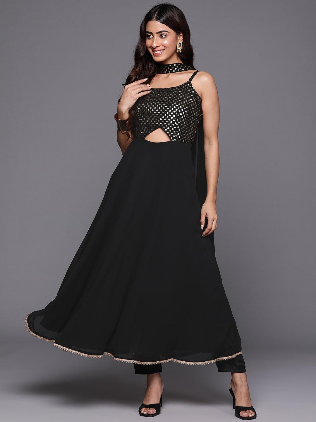 Black Embroidered Georgette A-Line Kurta With Trousers & Dupatta - ShopLibas