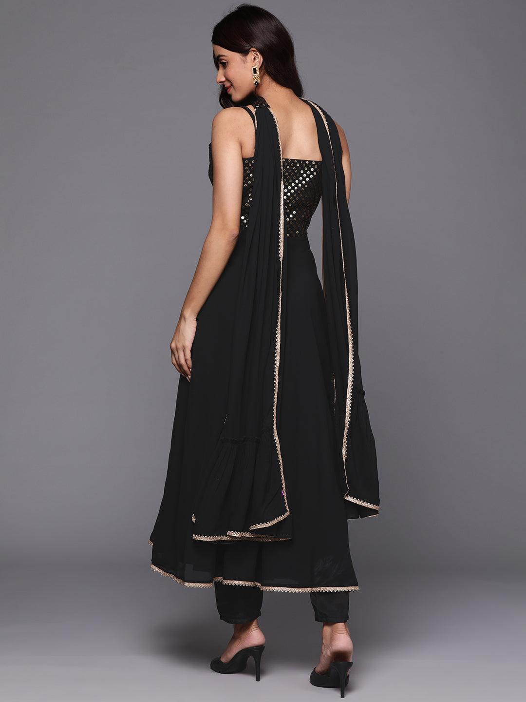 Black Embroidered Georgette A-Line Kurta With Trousers & Dupatta