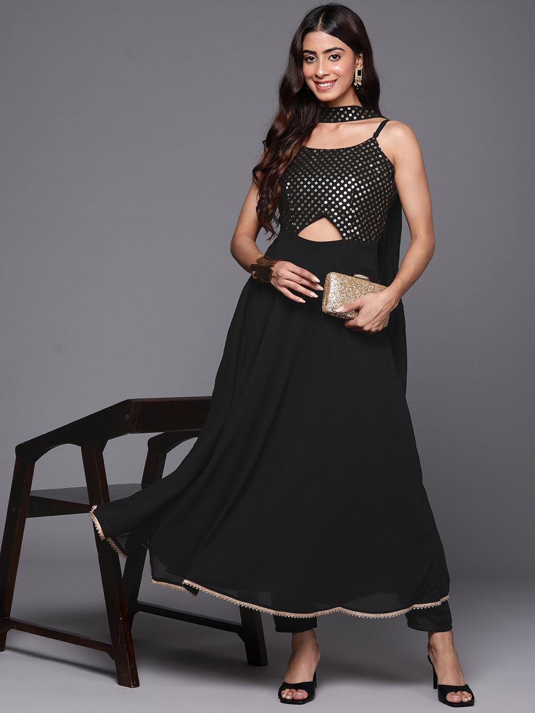 Black Embroidered Georgette A-Line Kurta With Trousers & Dupatta