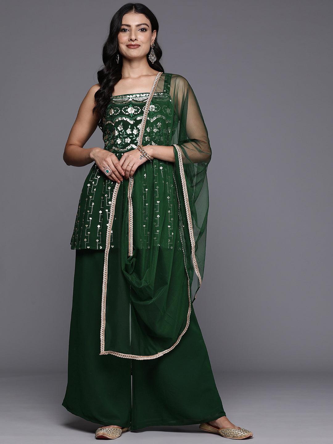 Green Embroidered Georgette A-Line Kurti With Palazzos & Dupatta - ShopLibas