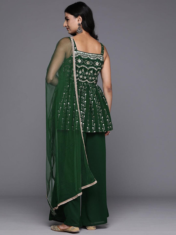 Green Embroidered Georgette A-Line Kurti With Palazzos & Dupatta - ShopLibas