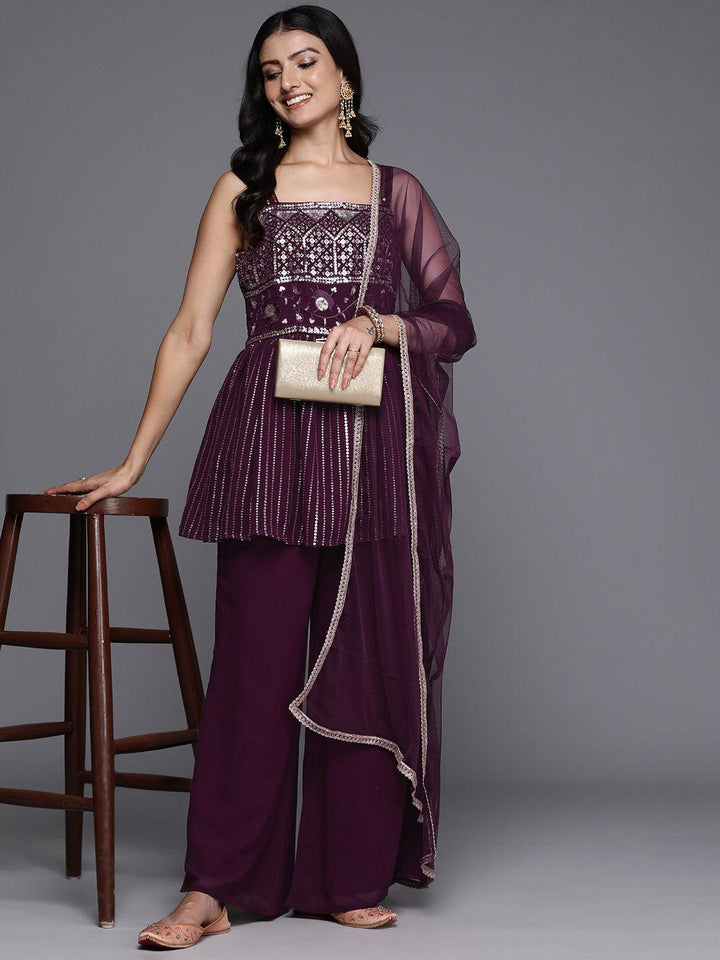 Wine Embroidered Georgette A-Line Kurti With Palazzos & Dupatta - ShopLibas