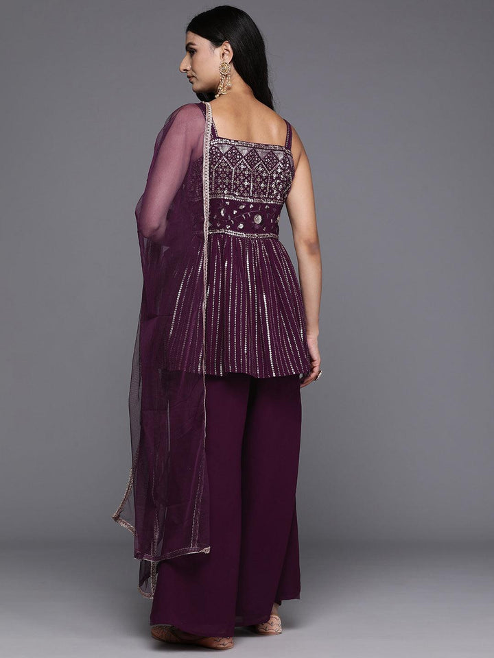 Wine Embroidered Georgette A-Line Kurti With Palazzos & Dupatta - ShopLibas