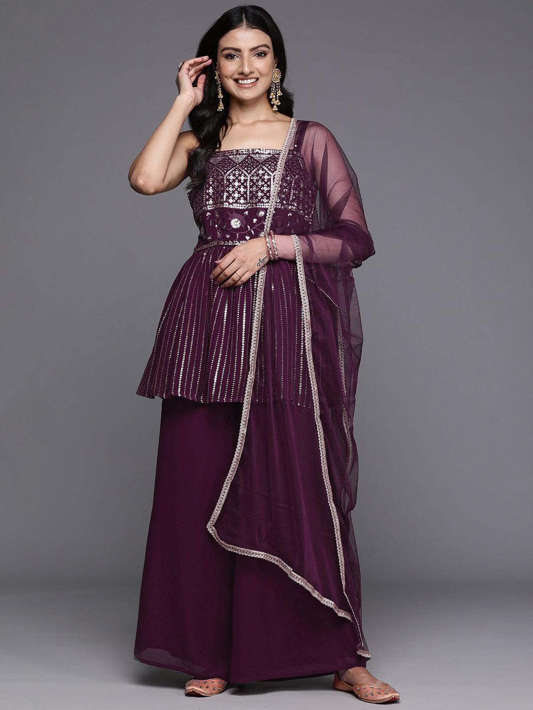 Wine Embroidered Georgette A-Line Kurti With Palazzos & Dupatta - ShopLibas